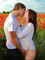 Romantic girl and her boyfriend fucking on the flower field