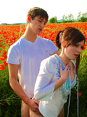 Romantic girl and her boyfriend fucking on the flower field