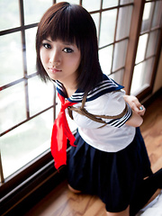 Shiryl Asian in school uniform is punished and tied in ropes